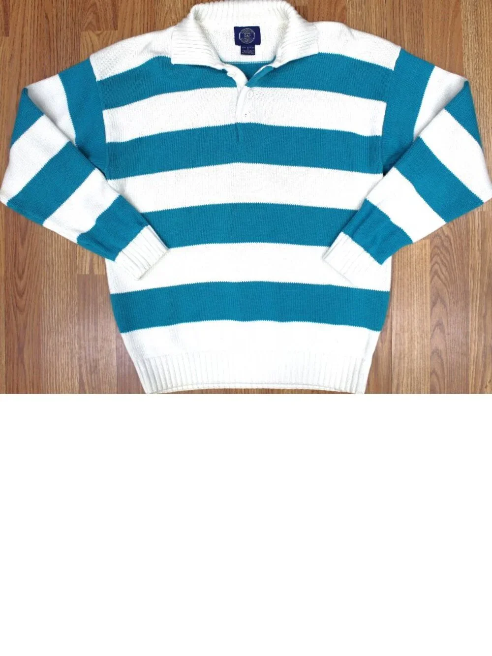 VTG GAP STRIPED POLO SWEATER 100% COTTON WHITE& TURQUOISE MEDIUM, M